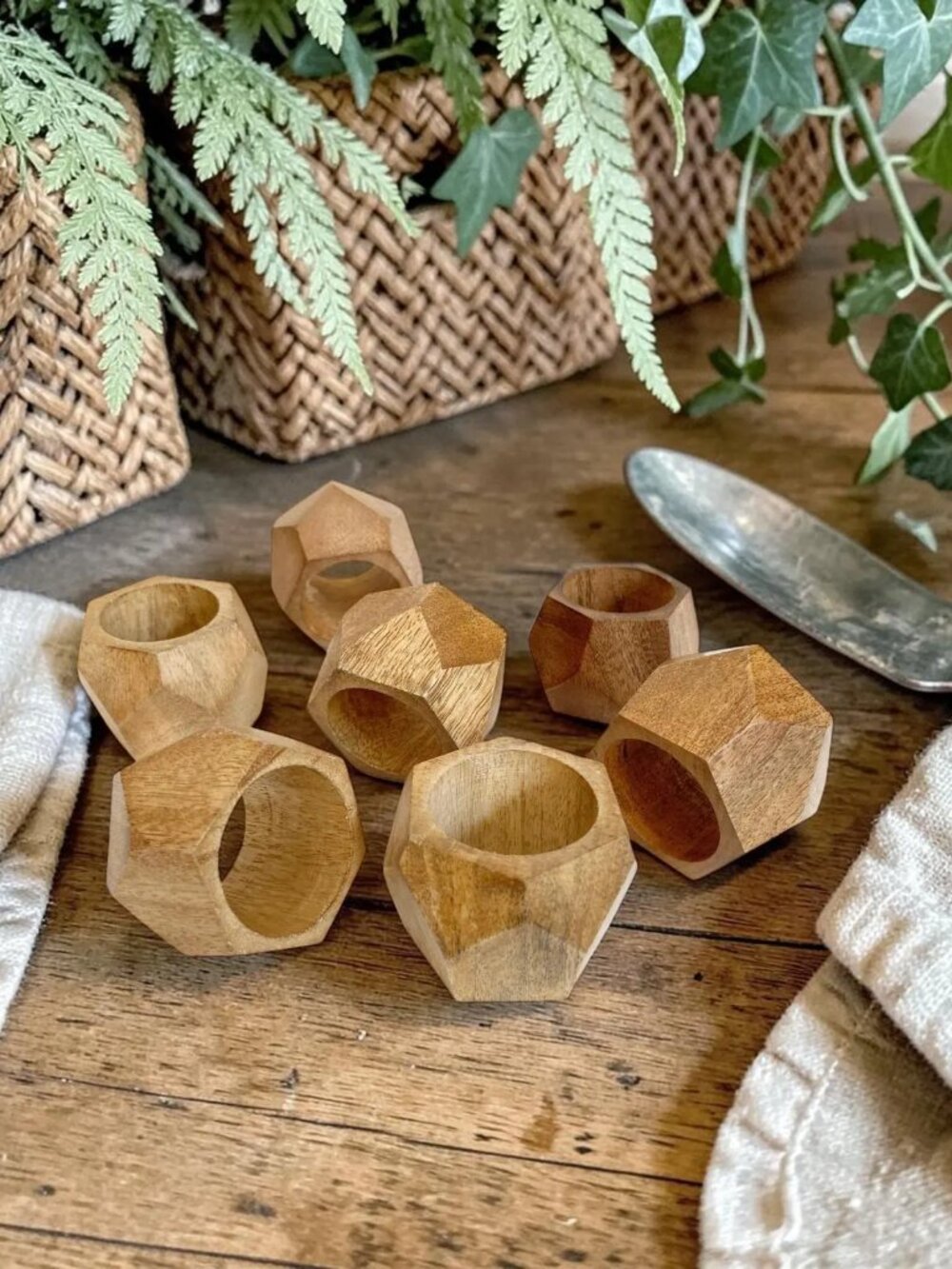 Vintage MCM Teak Wood Geometric Napkin Rings – Set of 7, Bohemian Style